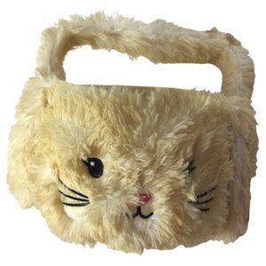 Easter Cream Plush Fluffy Bunny Face Basket with Handle and Whiskers for Kids